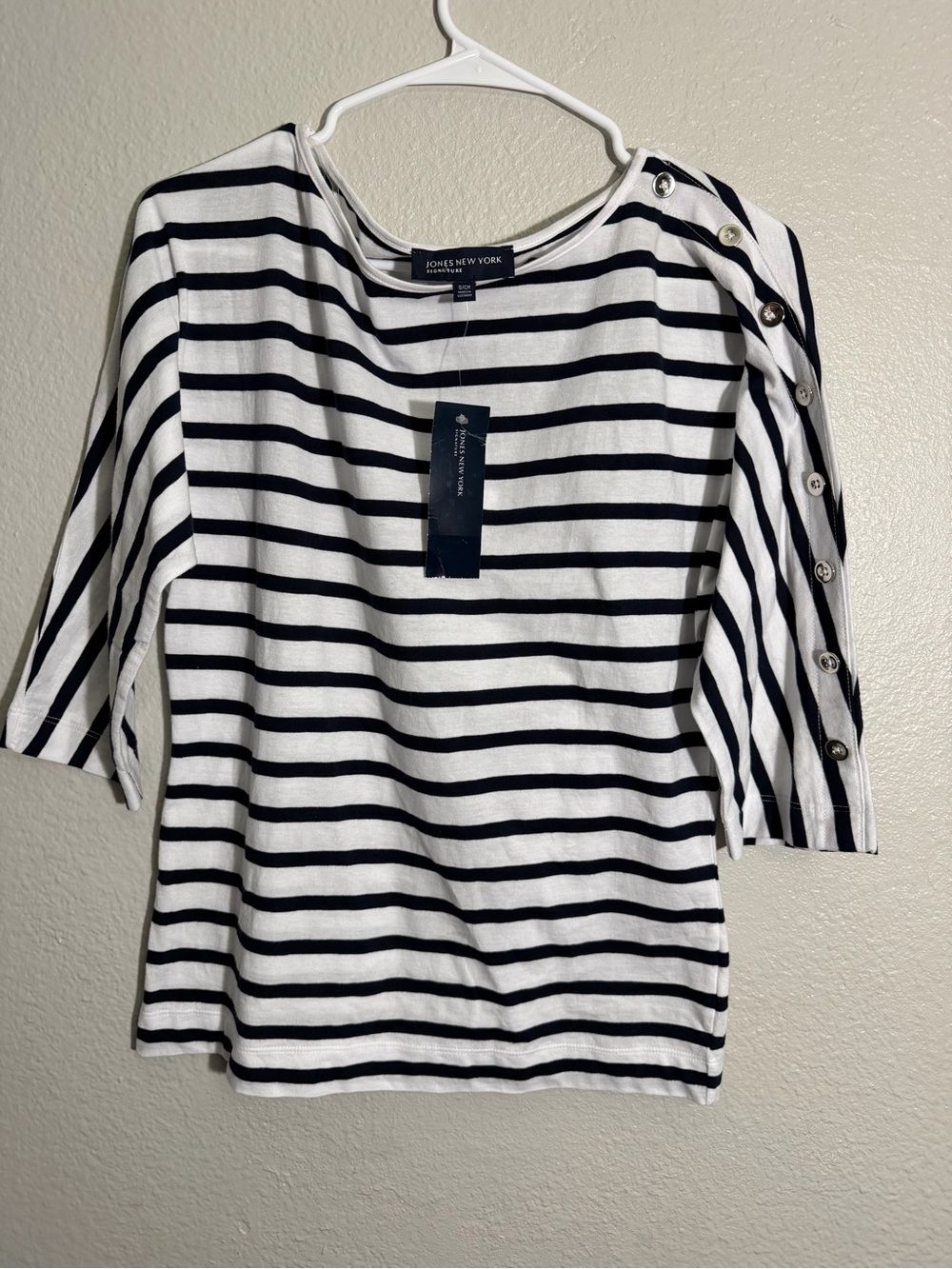 Jones New York White & Navy Striped 3/4 Sleeve Boatneck Top